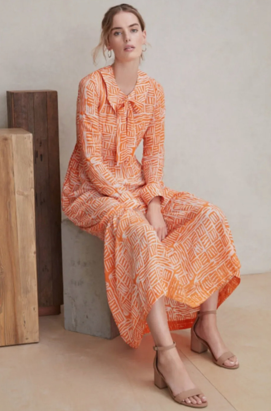 NWT Busayo Dele Orange Tribal Print Ruffle Collared Long Sleeve Midi Dress Large